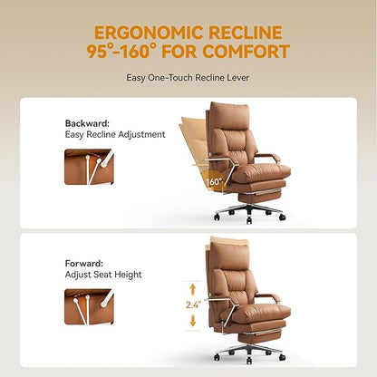 M80A Dual Motor Electric Executive Office Chair with Footrest, Comfortable Reclining Office Chair Wide Seat, Big and Tall Ergonomic Leather Home Office Desk Chair (Brown, Manual)