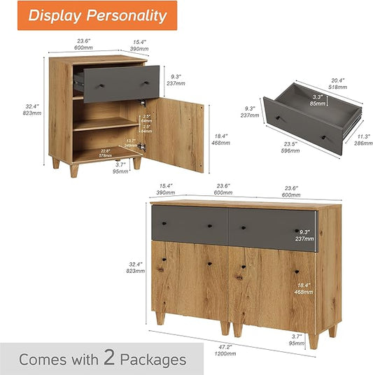 WAMPAT Set of 2 Storage Cabinets for Living Room, Modern Wood Accent Cabinets Sideboard with Drawers, Doors, and Adjustable Shelves for Dining Room, Kitchen, Entryway, Oak Brown & Dark Grey