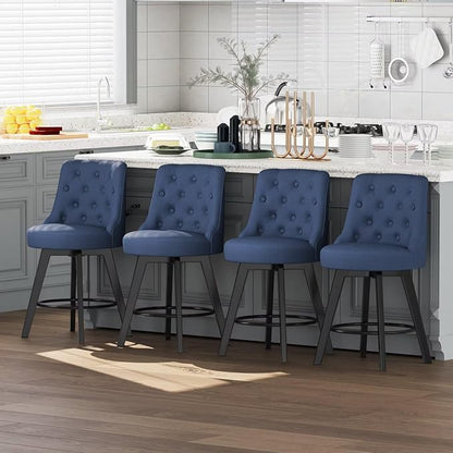 MINCETA Set of 4 Upholstered Bar Stools - 26 Inch Swivel Counter Height Stools with Low Tufted Back, Footrest & Performance Fabric - Round Seat for Kitchen Island & Home Bar Blue