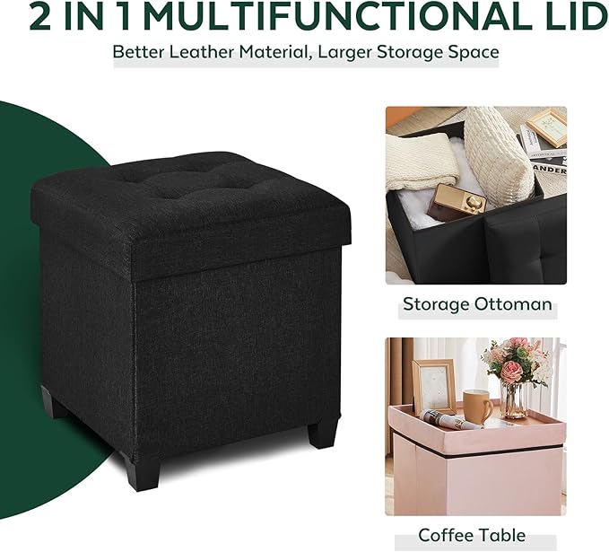 17.7" Ottoman with Storage, Square Storage Ottoman for Dorm, Linen Ottomans with Legs for Living Room, Bedroom, Black