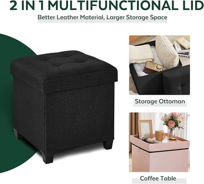 17.7" Ottoman with Storage, Square Storage Ottoman for Dorm, Linen Ottomans with Legs for Living Room, Bedroom, Black