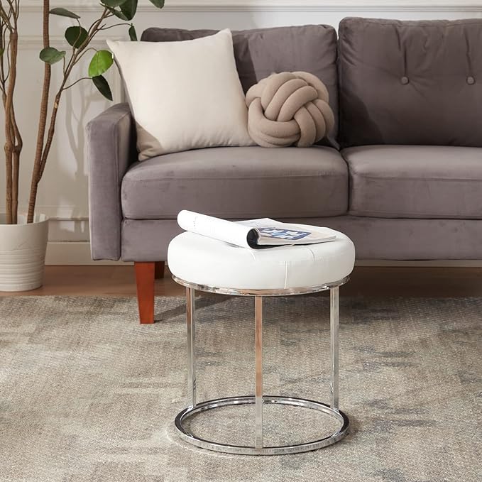 DUHOME Faux Leather Ottoman Stool, Vanity Chair Button Tufted Footrest Stool Makeup Stool with Metal Base for Living Room Bedroom, White