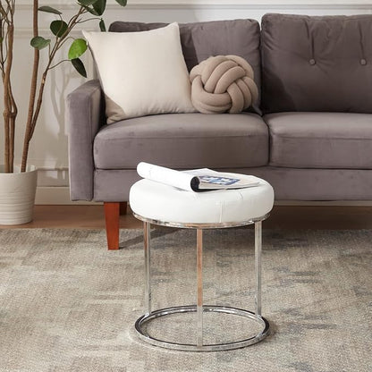 DUHOME Faux Leather Ottoman Stool, Vanity Chair Button Tufted Footrest Stool Makeup Stool with Metal Base for Living Room Bedroom, White