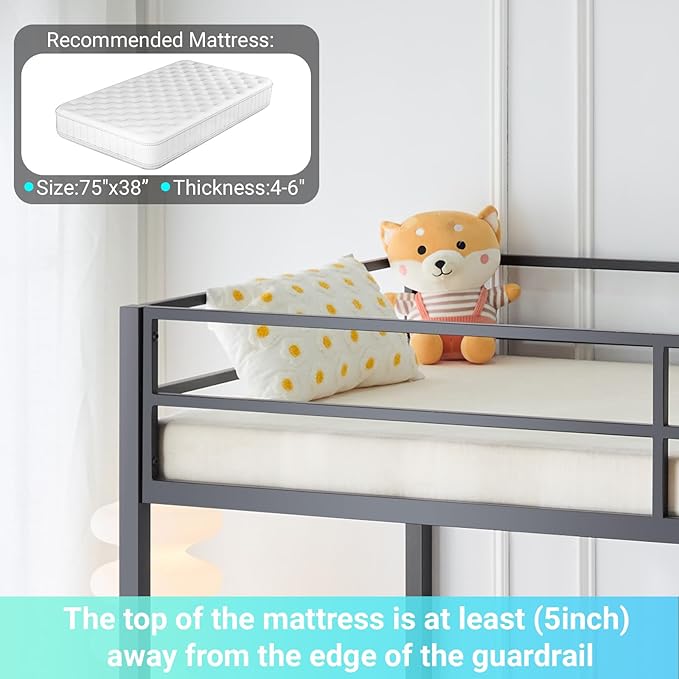 Karl home Twin Metal Loft Bed with Desk, with Power Outlet and LED Lighted, Safety Guardrail & Ladder, Space Saving, No Noise, No Box Spring Needed, Black