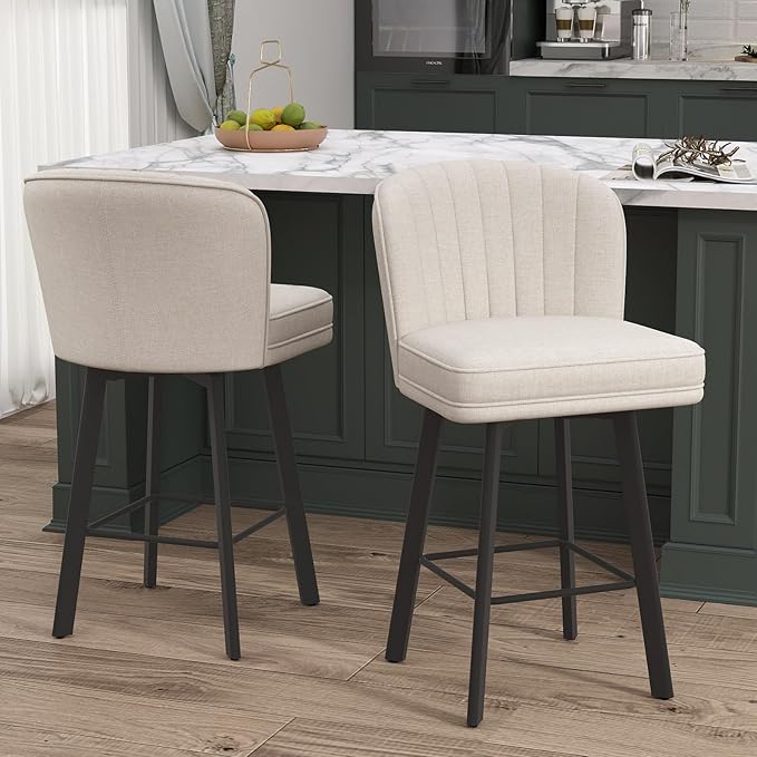 Swivel Counter Height Bar Stools Set of 3, 26'' Modern Barstools with Backs and Metal Legs, Upholstered Bar Chairs, Beige, Fabric Stools for Kitchen Island Chairs