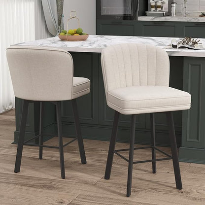 Swivel Counter Height Bar Stools Set of 3, 26'' Modern Barstools with Backs and Metal Legs, Upholstered Bar Chairs, Beige, Fabric Stools for Kitchen Island Chairs