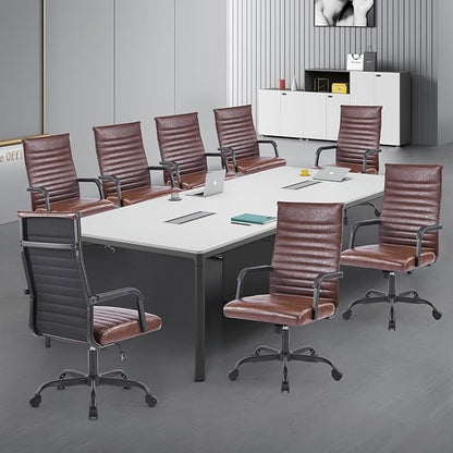 Office Chair, Ergonomic Executive Conference Room Chairs, Ribbed Leather Desk Chair with Lumbar Support, Adjustable Height Mid-Back Swivel Chair with Padded Seat and Square Tube Armrests