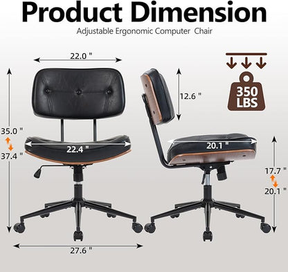 Armless Computer Chair, Small Desk Chair with Wheels and Adjustable Height, PU Leather Modern Swivel Walnut Task Chair for Home Office, Study, Library, Black