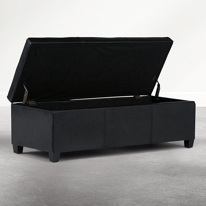 SIMPLIHOME Avalon Storage Ottoman Bench - 48 inch Wide Upholstered Solid Wood Rectangular Ottoman in Carbon Black, Contemporary Storage Bench for Bedroom or Living Room with Lift-Top Lid