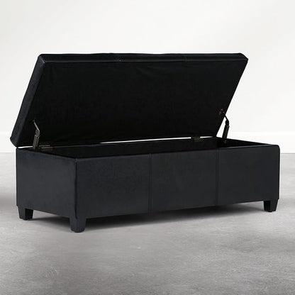 SIMPLIHOME Avalon Storage Ottoman Bench - 48 inch Wide Upholstered Solid Wood Rectangular Ottoman in Carbon Black, Contemporary Storage Bench for Bedroom or Living Room with Lift-Top Lid