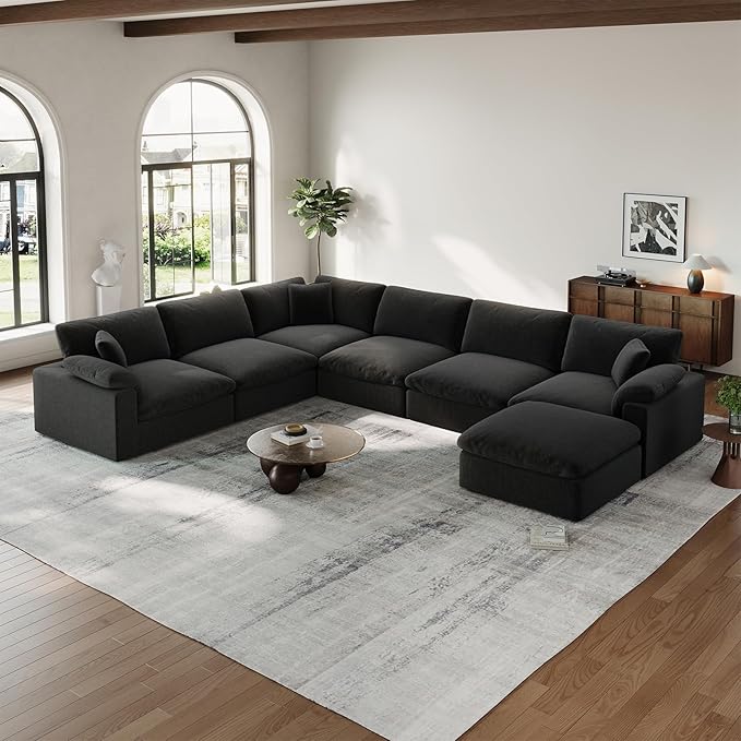 Cloud Modular Couch for Living Room,7 Seater U Shape Linen Blend Sofas,Modern Deep Seat Cloud Sofas,Convertible Comfort Down Filled Sectional Couches,Removable Washable Cushion Covers,Black