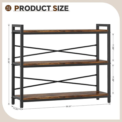 3 Tier Bookshelf 39.37" Width, Dorm Desk Hutch, Desk Shelf, Long Industrial Bookcase, Wooden Large Book Shelf for School Home Living Room Bedroom Office Storage(Vintage)