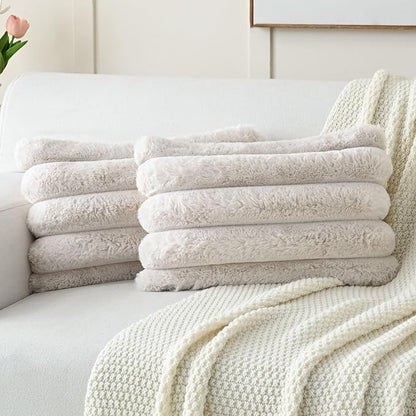FUTEI Beige Decorative Throw Pillow Covers 12x20 Inch Set of 2, Square Soft Faux Rabbit Fur Thick Striped Lumbar Pillow Case,Winter Home Decor for Couch Bed Living Room