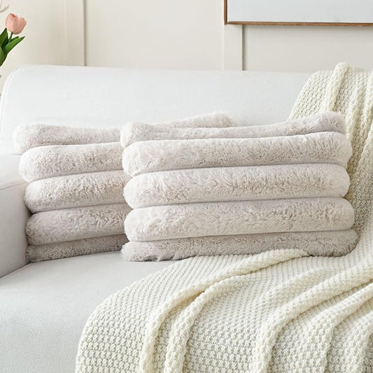 FUTEI Beige Decorative Throw Pillow Covers 12x20 Inch Set of 2, Square Soft Faux Rabbit Fur Thick Striped Lumbar Pillow Case,Winter Home Decor for Couch Bed Living Room