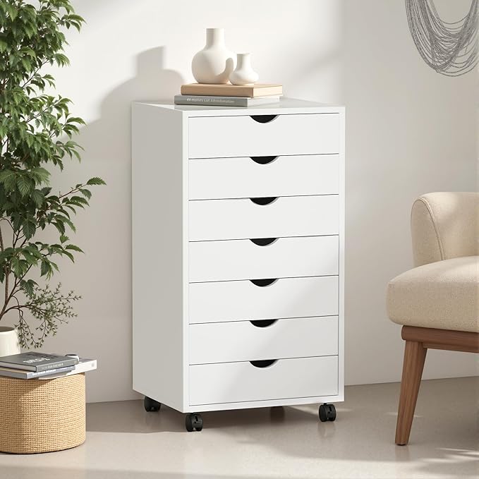 7 Drawer Chest, Storage Cabinet Dressers with Wheels, Dressers Storage Cabinets, Dresser Mobile Cabinet with Wheels, Room Organizer, Small Drawers Wood Organization Furniture for Office, Home, White