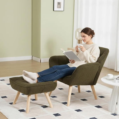 Small Accent Chair with Ottoman, Sherpa Upholstered Lounge Chair with Footrest, Comfy Reading Armchair with Wood Legs for Living Room Bedroom, Green