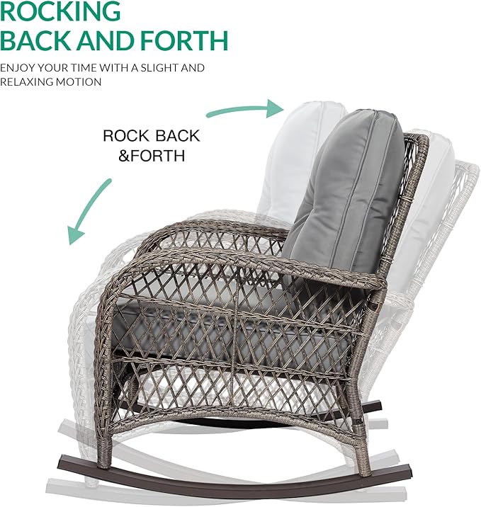 VIVIJASON 4-Piece Outdoor Patio Wicker Conversation Sets, All Weather Outdoor Rattan Furniture Set Includes Glider Loveseat, Coffee Table, 2 Rocking Chairs with Cushions for Backyard, Grey
