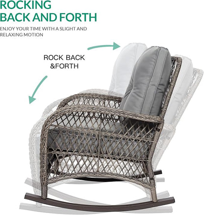 VIVIJASON 4-Piece Outdoor Patio Wicker Conversation Sets, All Weather Outdoor Rattan Furniture Set Includes Glider Loveseat, Coffee Table, 2 Rocking Chairs with Cushions for Backyard, Grey