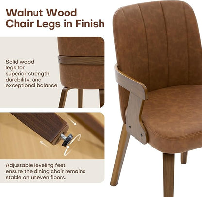 Kitchen Dining Chairs Set of 2, Faux Leather Upholstered Dining Room Chairs with Wood Arms and Legs, Mid Century Modern Kitchen Side Chair for Living, Bedroom, Restaurant, Walnut/Brown