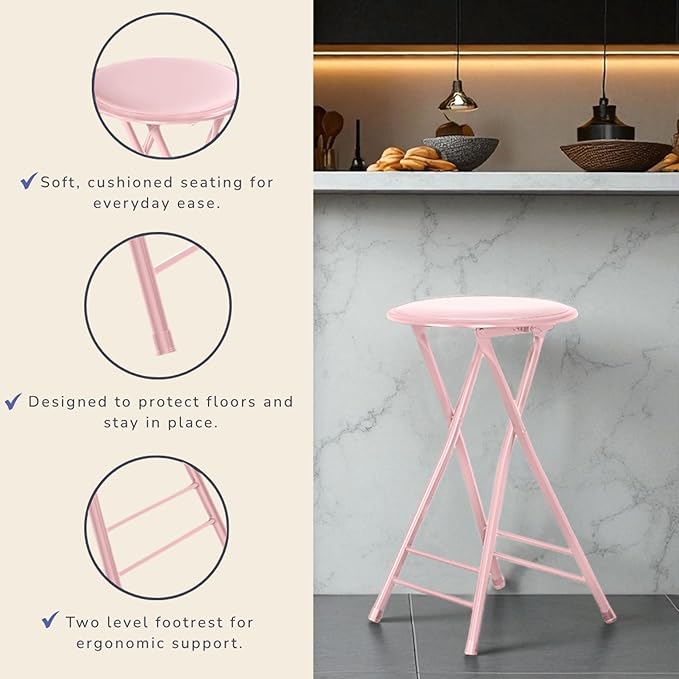 Lavish Home Set of 4 Counter Height Bar Stools – 24-Inch Backless Folding Chairs with 225lb Capacity for Kitchen, Rec Room, or Game Room (Pink)