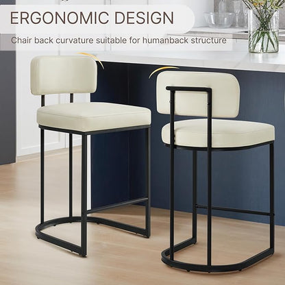 26" H Counter Height Bar Stools Set of 3, Modern Faux Leather Upholstered Barstools with Backrest for Kitchen Island, Black Metal Frames, Cream