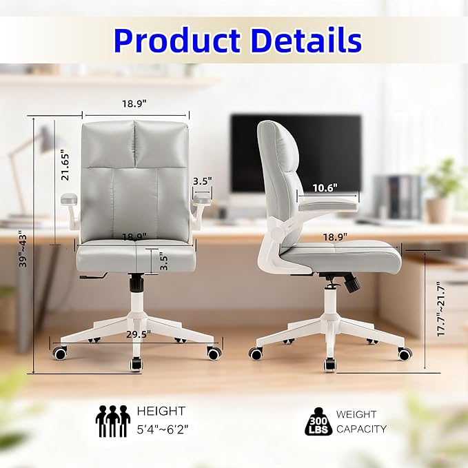 Ergonomic Office Desk Chair with Space Saving Flip-Up Arms, 360° Swivel & Reclining Back, High-Back Executive Chair in Soft Faux Leather for Office&Study（Gray）