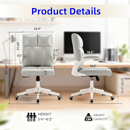 Ergonomic Office Desk Chair with Space Saving Flip-Up Arms, 360° Swivel & Reclining Back, High-Back Executive Chair in Soft Faux Leather for Office&Study（Gray）