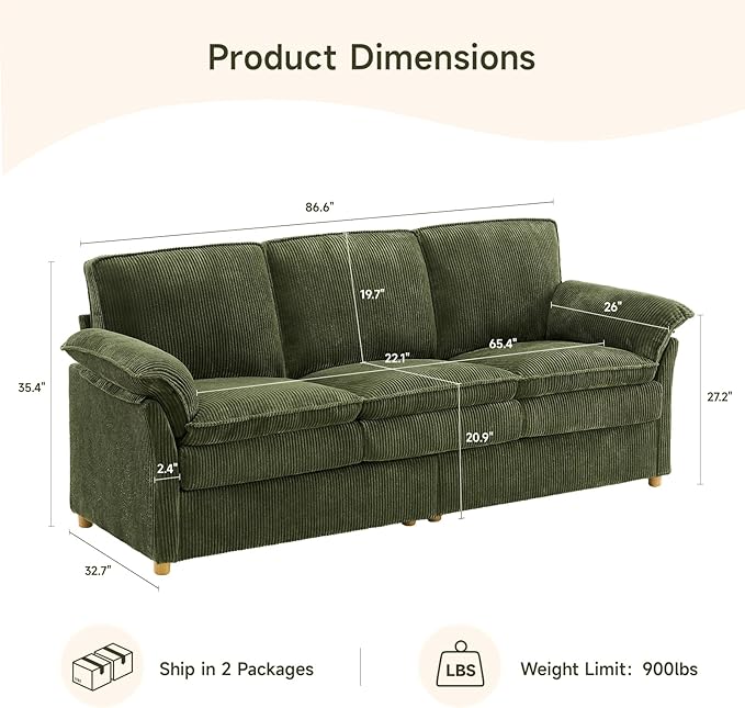 ONBRILL 86.6" Corduroy Couches for Living Room, Comfy 3 Seater Sofa with Pillow-Top Armrest & Dual-Layer Cushions, Mid Century Modern Couch for Bedroom, Apartment, Green