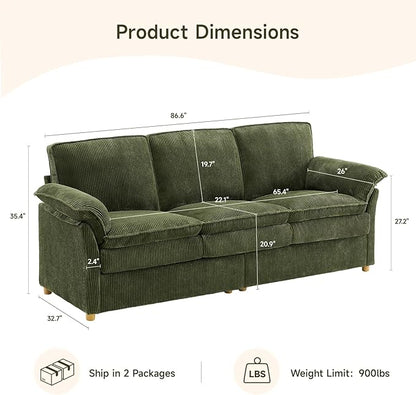 ONBRILL 86.6" Corduroy Couches for Living Room, Comfy 3 Seater Sofa with Pillow-Top Armrest & Dual-Layer Cushions, Mid Century Modern Couch for Bedroom, Apartment, Green