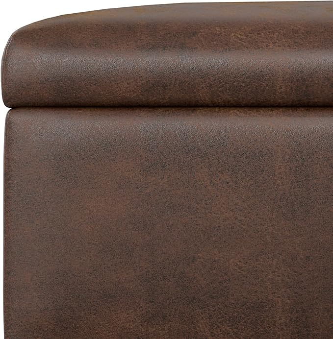SIMPLIHOME Gabbie 48 inch Wide Contemporary Rectangle Rectangular Storage Ottoman in Distressed Chestnut Brown Vegan Faux Leather, Assembled, For the Living Room, Entryway and Family Room