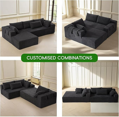 108" Modular Sectional Couch Sofa with L-Shape Chaise, Modern Cloud Comfy Sofa with Deep Seat, Upholstered Couches for Living Room Bedroom, No Assembly Required (Black Right Facing Chaise)