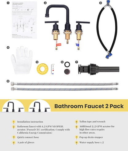 3 Hole Bathroom Faucet Black: WOWOW 8 Inch Bathroom Sink Faucet Widespread, Two Handle Vanity Taps with Pop-up Drain and Supply Lines, 360 Swivel Lavatory Tap High Arc Modern (2 Sets)
