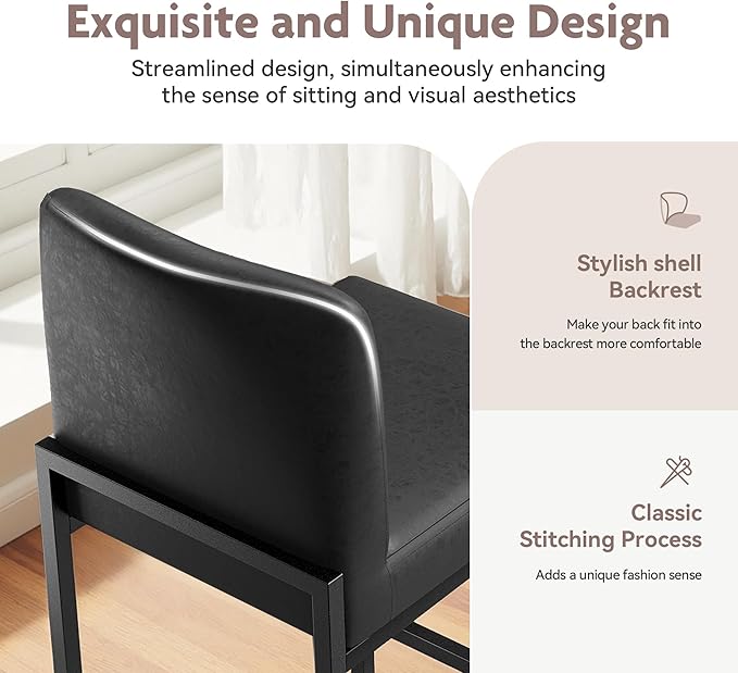 ALPHA HOME 24 Inch Bar Stools, Kitchen Counter Stools with Backs, Black Bar Stools Set of 3, PU Leather Barstools, Kitchen Stools with Back&Upholstered Footrest, Sturdy Chromed Metal Steel Frame