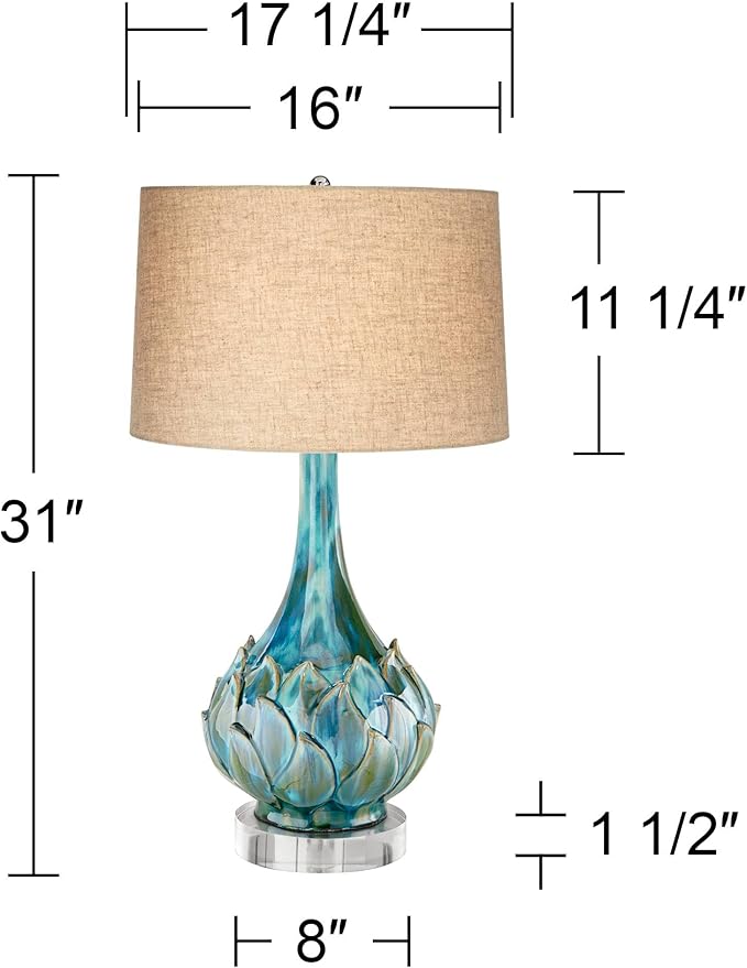 Possini Euro Design Kenya Modern Tropical Table Lamp with Riser 31" Tall Blue Green Ceramic Beige Linen Drum Shade for Living Room Bedroom House Bedside Home Office Entryway (Color May Vary)