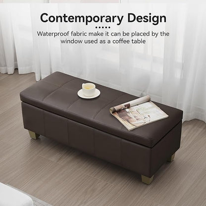 41" Faux Leather Storage Ottoman, Stitch Tufted Rectangle Upholstered End of Bed Storage Bench, Entryway Large Couch Ottoman with Wooden Legs,Brown