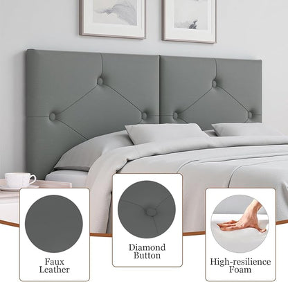 King Size Headboard, Faux Leather Headboard with Solid Wood & Sturdy Metal Legs, Adjustable Height Bed Headboards King Tufted Upholstered in Modern Button Design, Grey