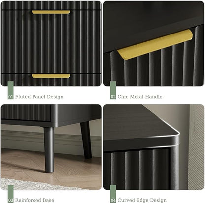 LYNSOM Fluted Dresser and Nightstand Set, 3 Pieces Bedroom Set, 55 Inch Wide 6-Drawer Dresser & 2-Drawer Nightstands Set of 2, Modern Dressers Set for Bedroom, Hallway, Black