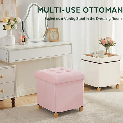 17.7" Ottoman with Storage, Square Storage Ottoman for Dorm, Velvet Ottomans with Legs for Living Room, Bedroom, Pink