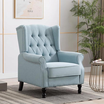 Pushback Recliner, Modern Accent Arm Reclining Sofa, Fabric Wingback Chair for Living Room & Bedroom, Light Blue