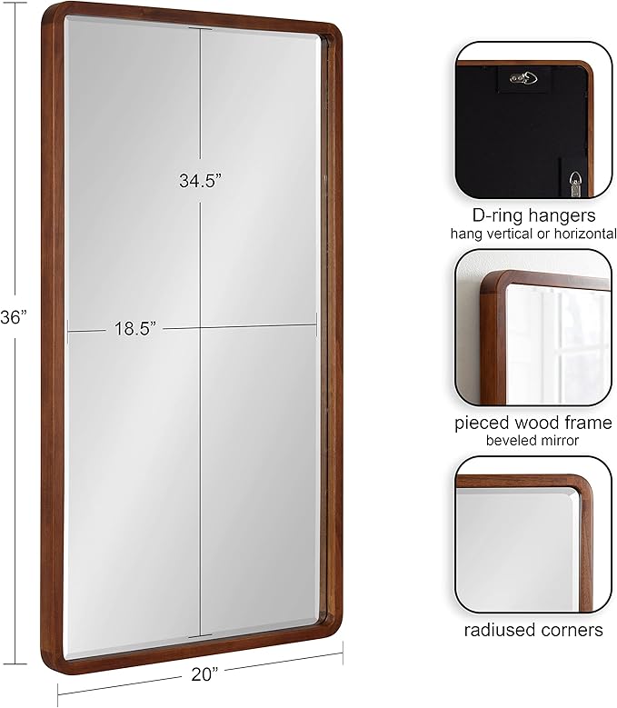 Kate and Laurel McLean Modern Wood Framed Rounded Rectangle Wall Mirror; 20 x 36; Walnut Brown; Decorative Round Rectangular Mirror for Contemporary Wall Decor