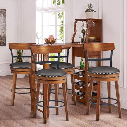 COSTWAY Bar Stools Set of 4, 360-Degree Swivel Stools with Leather Padded Seat, Single Slat Ladder Back & Solid Rubber Wood Legs, Counter Height Stools for Pub, Restaurant, Kitchen, Brown (4, 25.5)