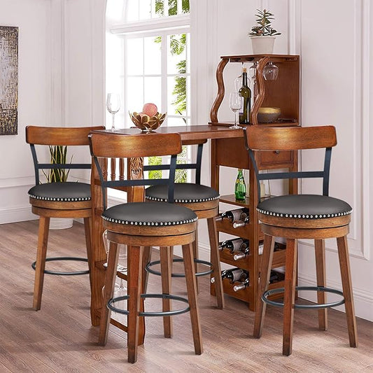 COSTWAY Bar Stools Set of 4, 360-Degree Swivel Stools with Leather Padded Seat, Single Slat Ladder Back & Solid Rubber Wood Legs, Counter Height Stools for Pub, Restaurant, Kitchen, Brown (4, 25.5)