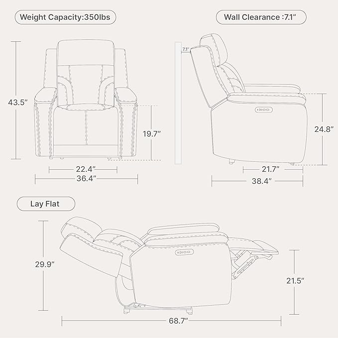 Watson & Whitely Genuine Leather Electric Recliner Chairs for Adults, Lay Flat Recliner with Power Headrest & Chargers for Living Room, Light Grey