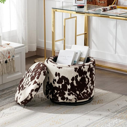 LukeAlon Linen Makeup Ottoman with Storage, Upholstered 360° Swivel Vanity Stool with Foldable Backrest Modern Cylindrical Footrest Stool for Living Room Bedroom, Cow Print