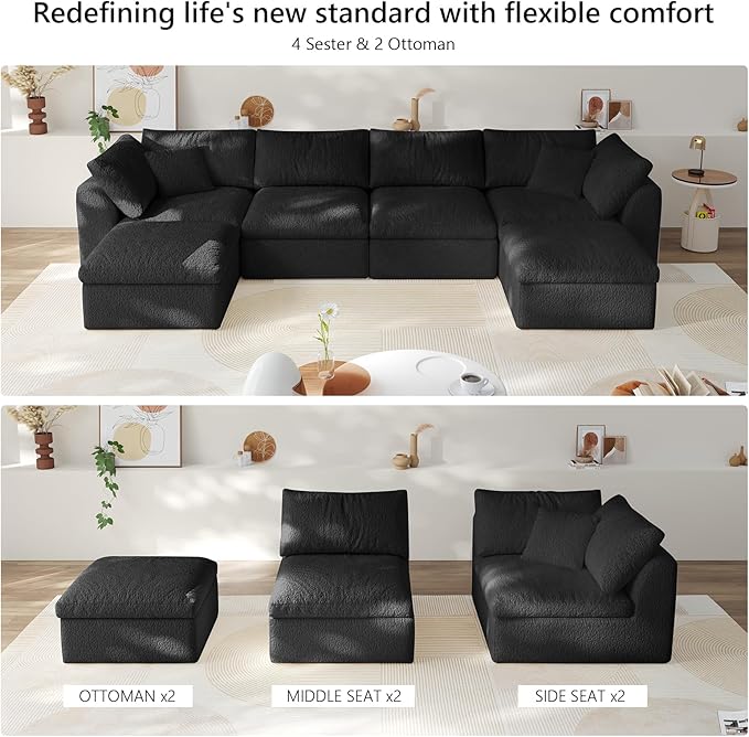 138" Boneless Cloud Couch Modular Sectional Sofa with Deep Seat for Living Room, L Shape Couch with Ottoman, Snowflake Cloth and 40D Memory Sponge，2 Throw Pillows (Black, 4 Seater+2 Ottoman)