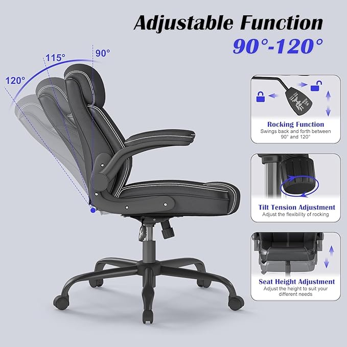 AnyGod Executive Leather Office Chair, Ergonomic Home Office Desk Chair with Flip-up Armrests, Lumbar Support, Adjustable Height, Mid-Back with Rocking Function for Executives