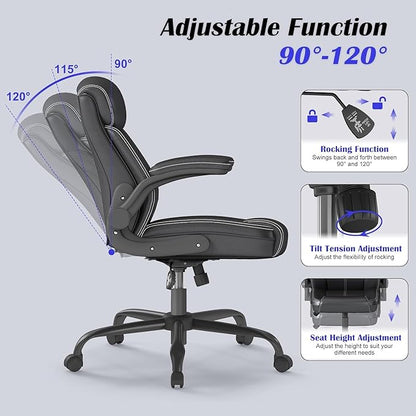 AnyGod Executive Leather Office Chair, Ergonomic Home Office Desk Chair with Flip-up Armrests, Lumbar Support, Adjustable Height, Mid-Back with Rocking Function for Executives