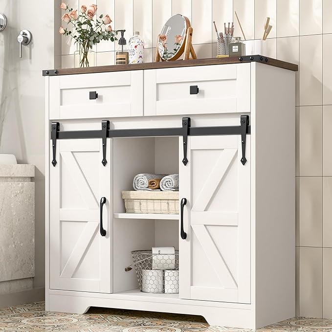 Farmhouse Storage Cabinet, Bathroom Cabinet with 2 Sliding Barn Doors, Floor Storage Cabinets with Adjustable Shelves and 2 Drawers for Kitchen, Living Room, Dining Room, White