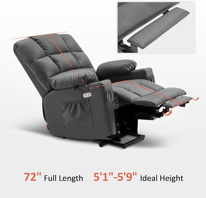 MCombo Medium Lay Flat Dual Motor Power Lift Recliner Chair Sofa with Massage and Heat for Elderly People, Infinite Position, Faux Leather 7679 (Dark Grey, Medium)