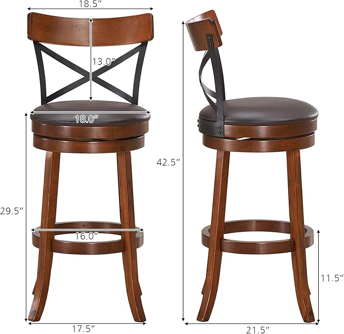 ERGOMASTER Swivel Bar Stools Set of 4 with PU Cushion and Solid Cappuccino Rubberwood Barstool for Kitchen Island Counter, Pub - 29 Inch Height
